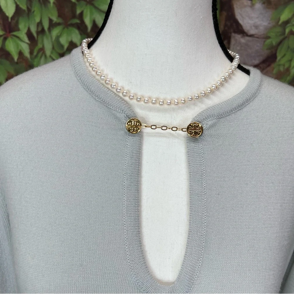 TORY BURCH Luxury Double T-Chain Detail Sage Green/Gray Wool Keyhole Sweater, S
